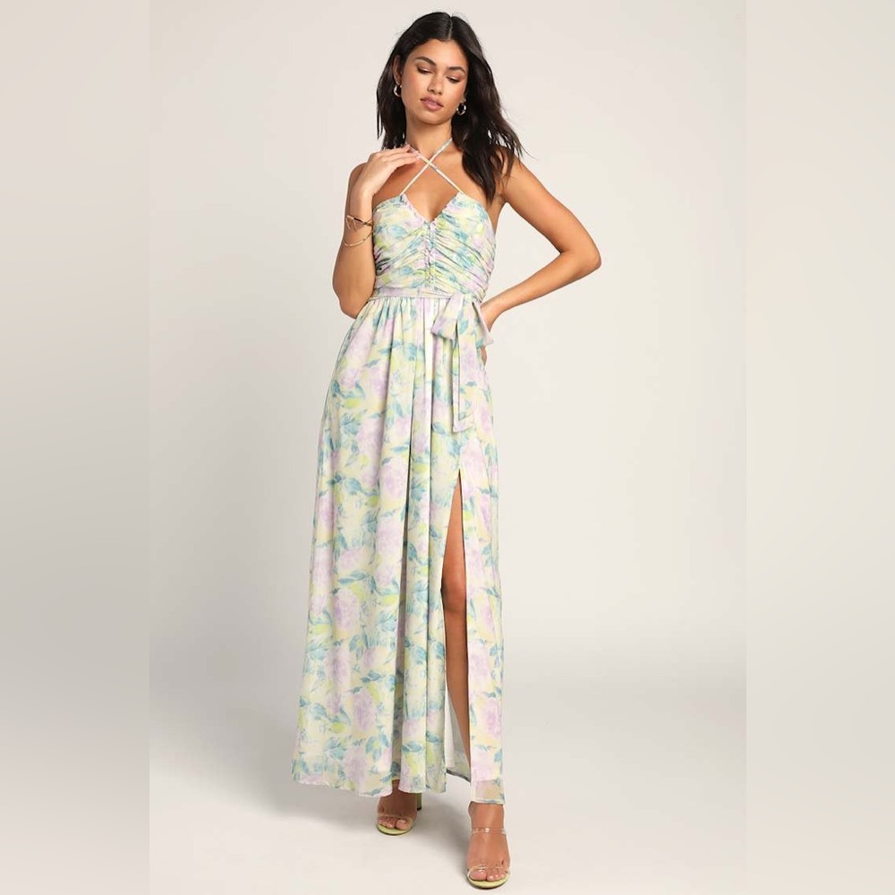 NWT Effortlessly Abloom Green Multi Floral Ruched Halter Maxi Dress Sz XS - Picture 3 of 13